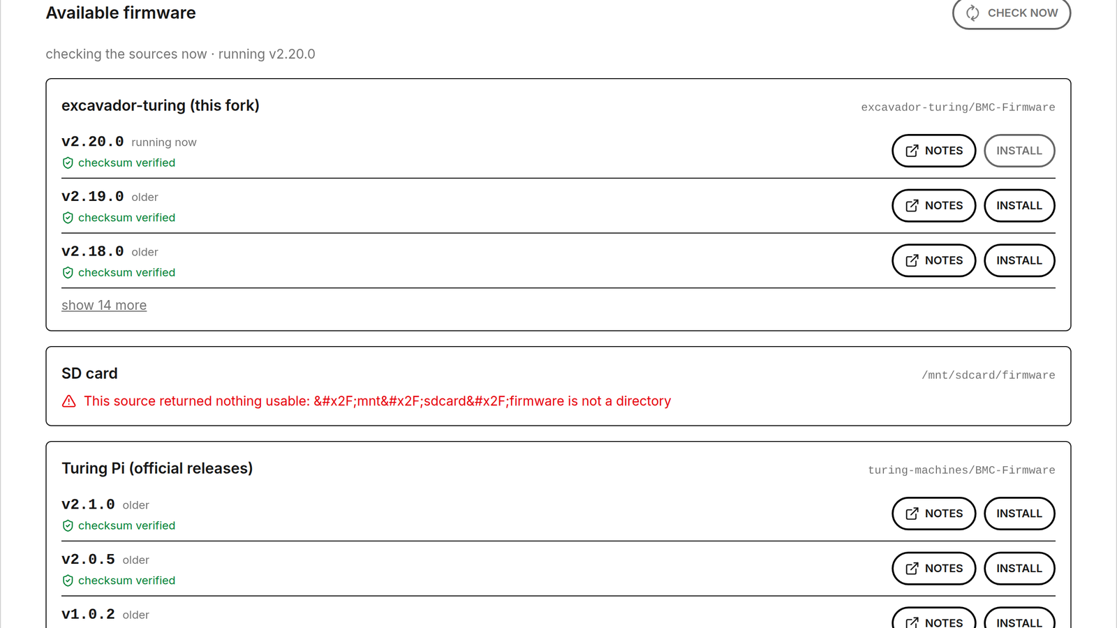 Every candidate version, from every configured source, with its checksum state